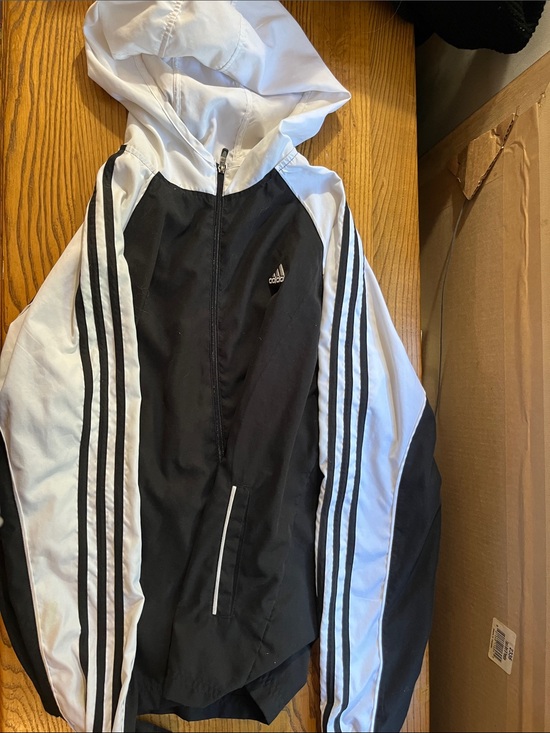 adidas Jackets & Blazers - adidas Black and White Hooded Track Jacket with Stripes